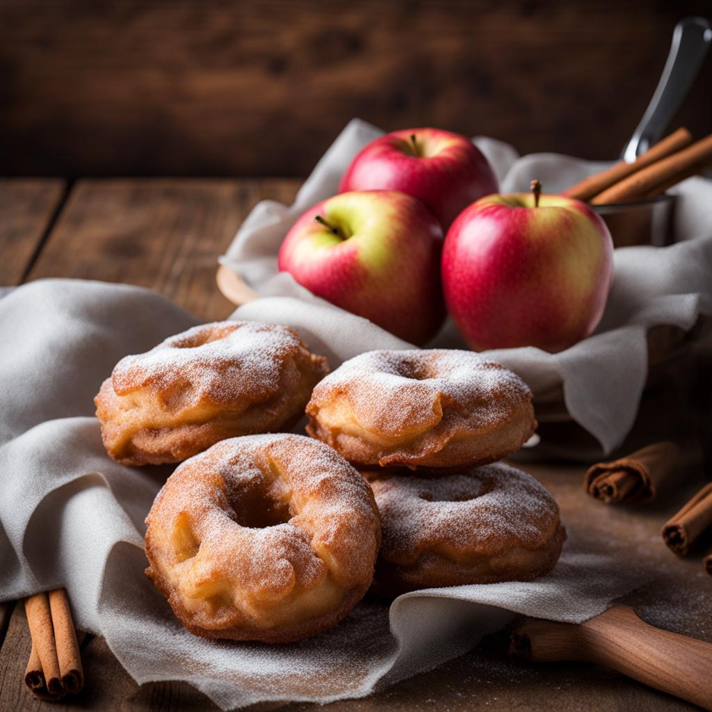 apple fritters, deep-fried apple doughnuts with cinnamon and sugar. 