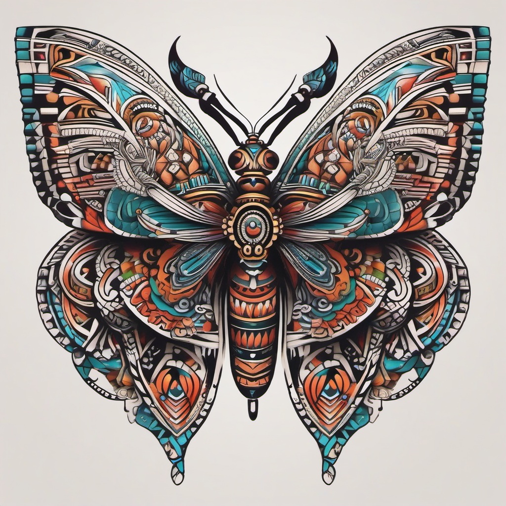 aztec butterfly tattoo  simple color tattoo,white background,minimal