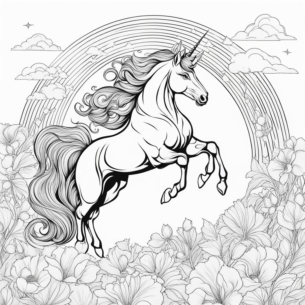 unicorn coloring pages - spectacular unicorn creating vibrant rainbows with each graceful sweep of its radiant horn. 