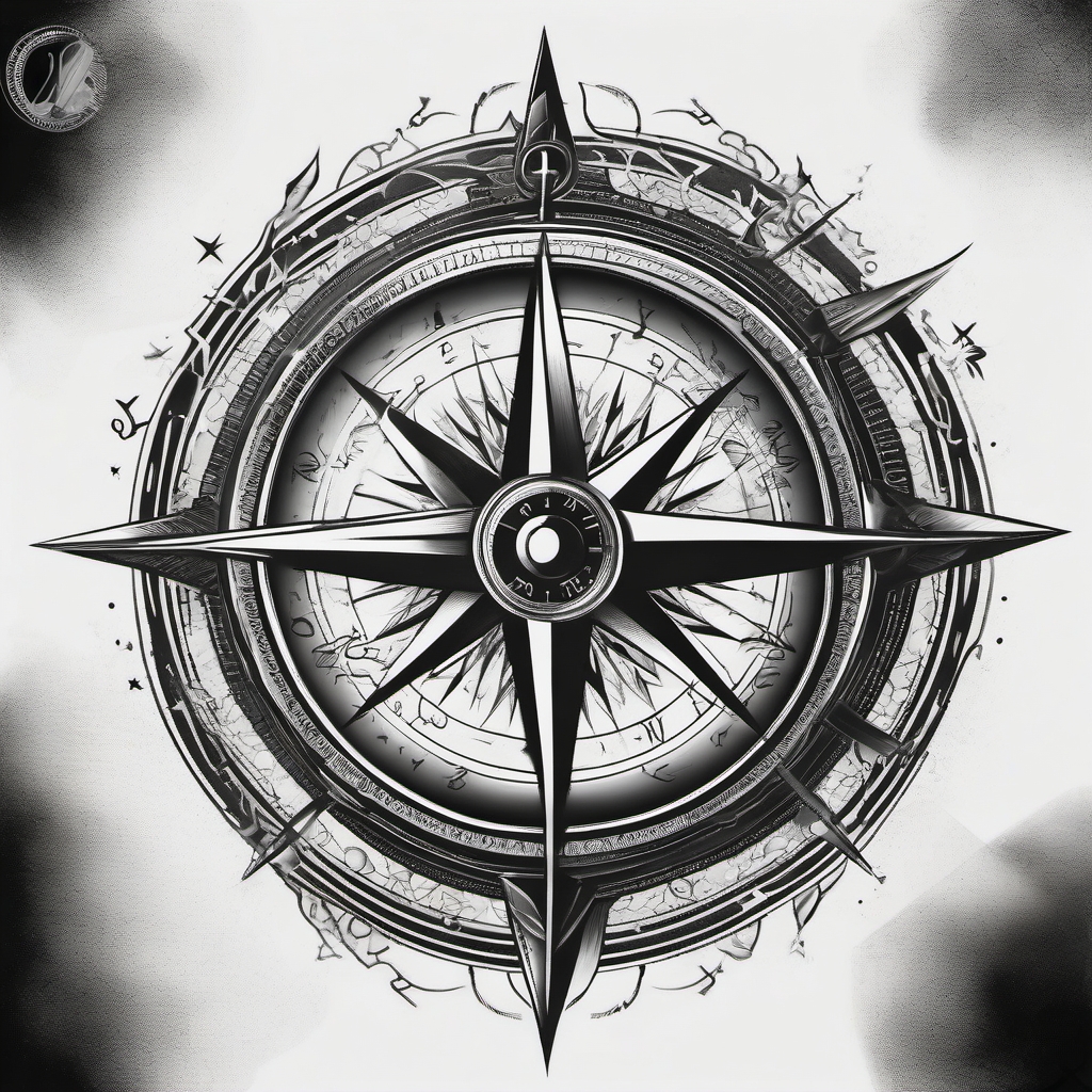 A cryptic compass points, marking a lost direction in the tattoo.  black and white tattoo style