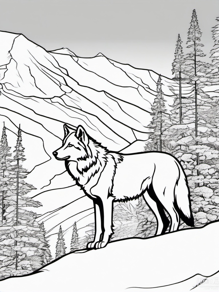 Wolf with Mountain View Coloring Pages - Wolf Overlooking a Scenic Mountain View  minimal black outline printable sheet, coloring page