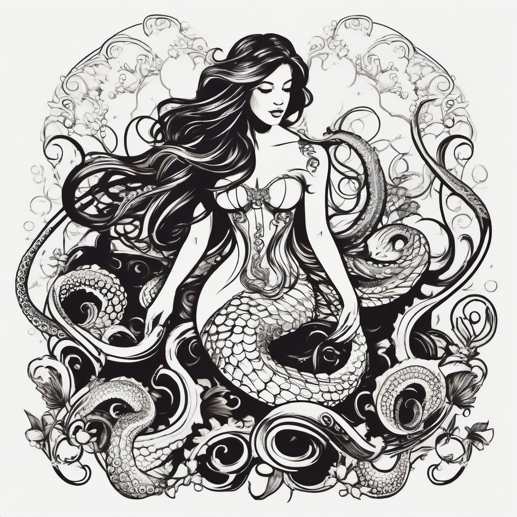 Octopus and Mermaid Tattoo - Explore the mythical bond between mermaids and octopuses in a captivating tattoo design.  simple vector color tattoo,minimal,white background