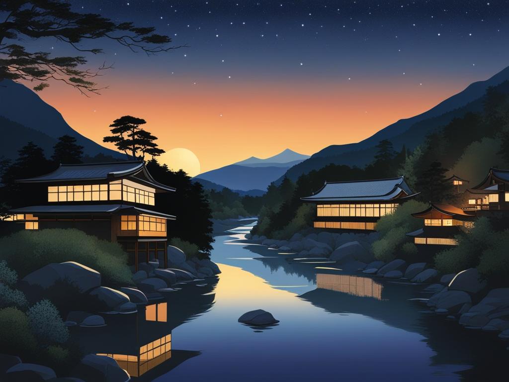 takaragawa onsen - create a serene night painting of takaragawa onsen, where open-air hot springs by a river offer a tranquil setting beneath a starry sky. 