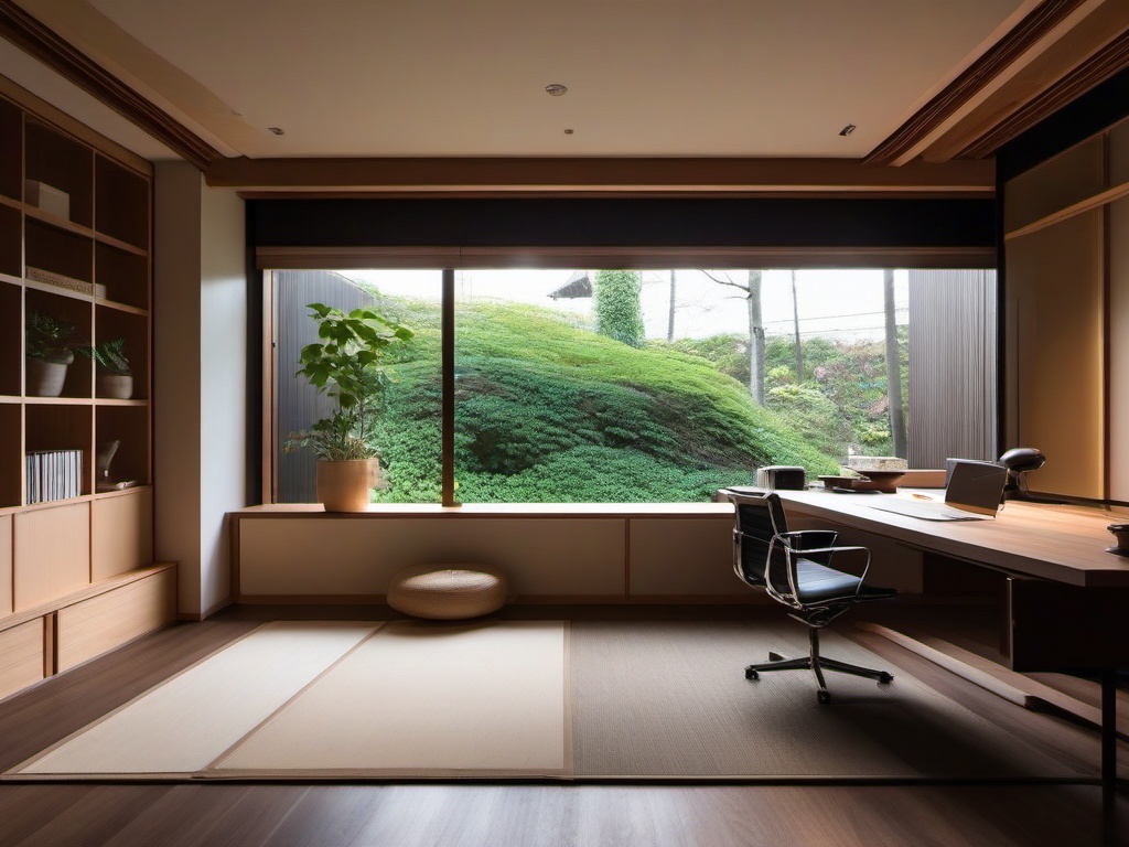 Japanese home office showcases clean lines, natural materials, and minimal decor that promote a serene and harmonious workspace.  