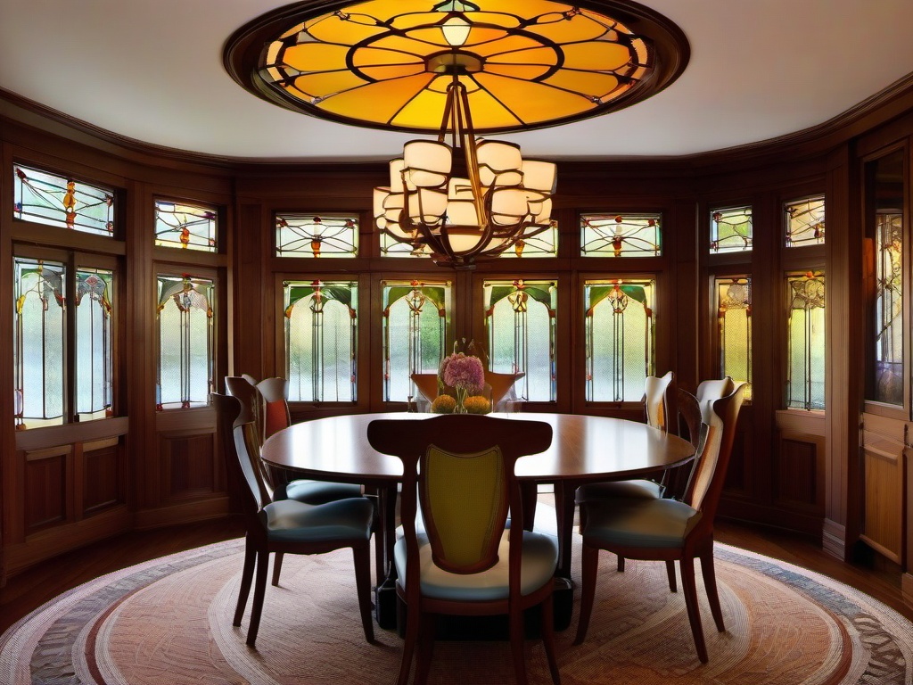 Art nouveau dining room with organic shapes and stained glass windows.  