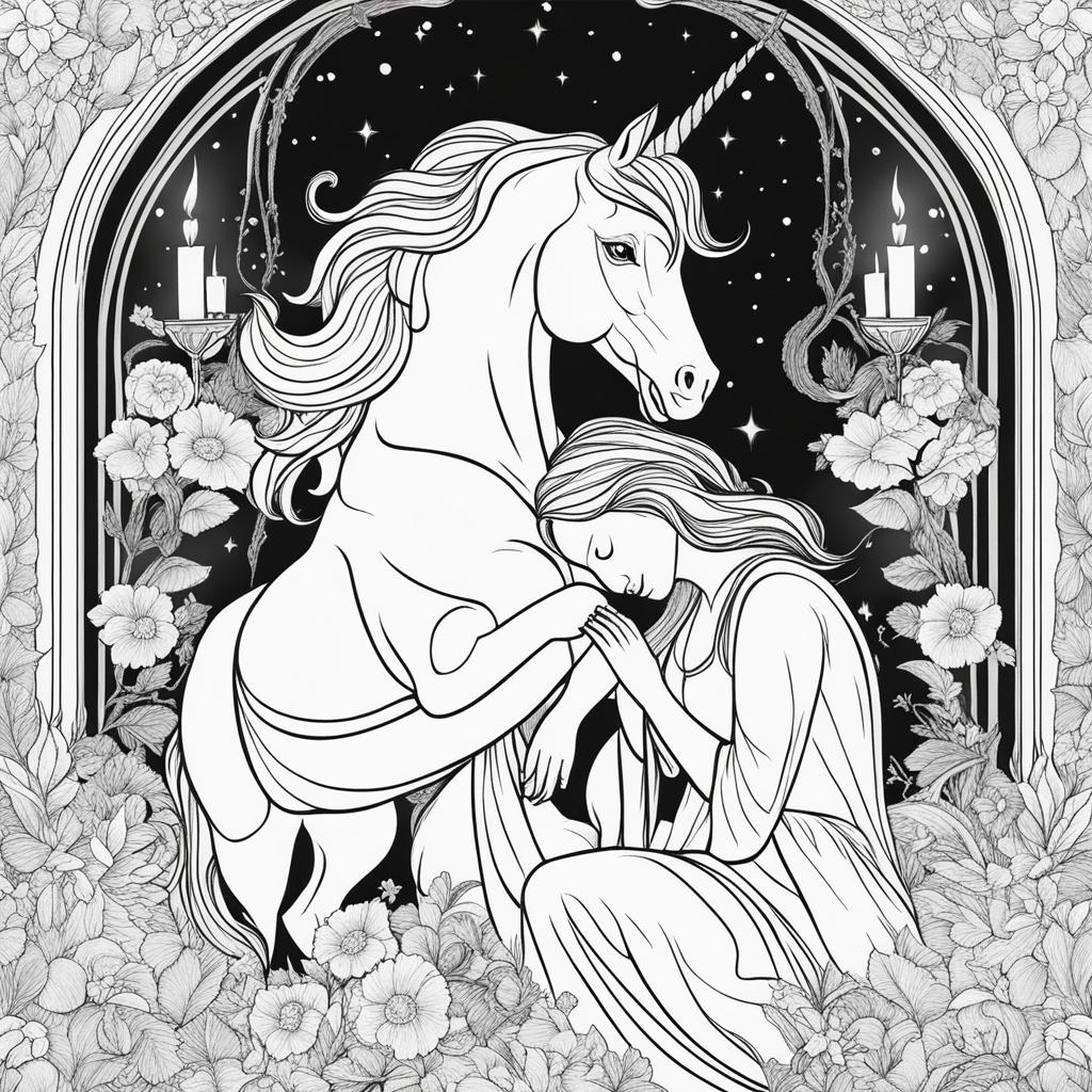 unicorn coloring pages - compassionate unicorn healing a wounded creature with its soothing touch and gentle presence. 