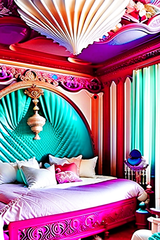 underwater palace bedroom adorned with shimmering seashell patterns and coral motifs. 