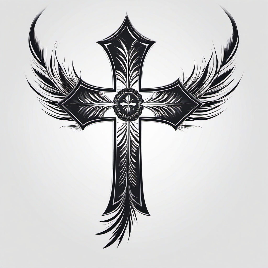 Feather Cross Tattoo - Feather design combined with a cross.  simple vector tattoo,minimalist,white background