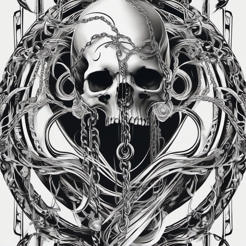 Spectral chains bind, forming ghostly links in the death tattoo.  black and white tattoo style