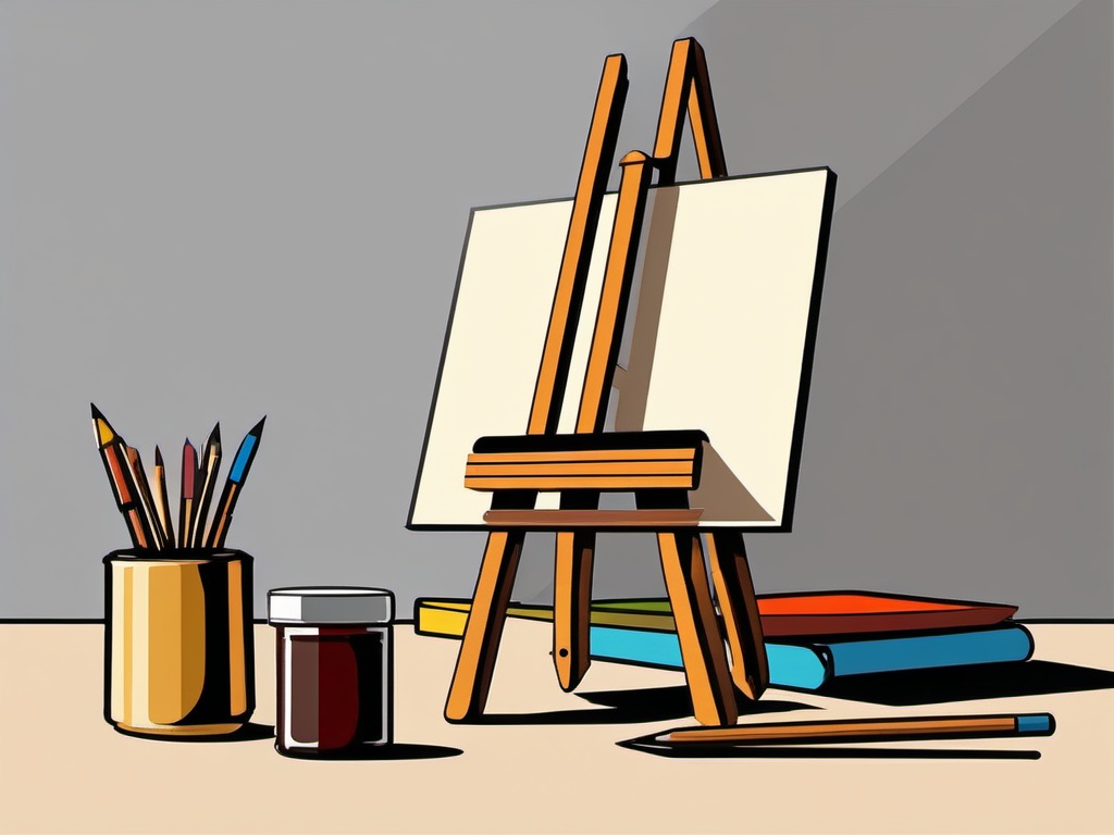 Artist Easel Clipart - Wooden artist easel holding a work in progress.  color clipart, minimalist, vector art, 