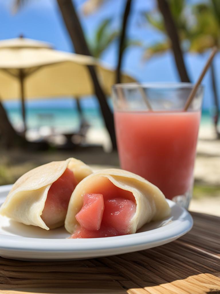 guava duff, bahamian guava-filled dumplings, relished at a beachside picnic on paradise island. 