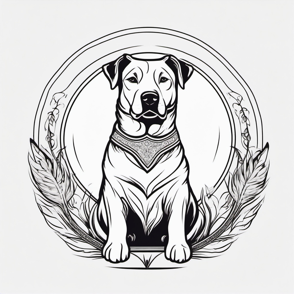 Dog Tattoo - Loyal dog by the fireside, a symbol of companionship  few color tattoo design, simple line art, design clean white background