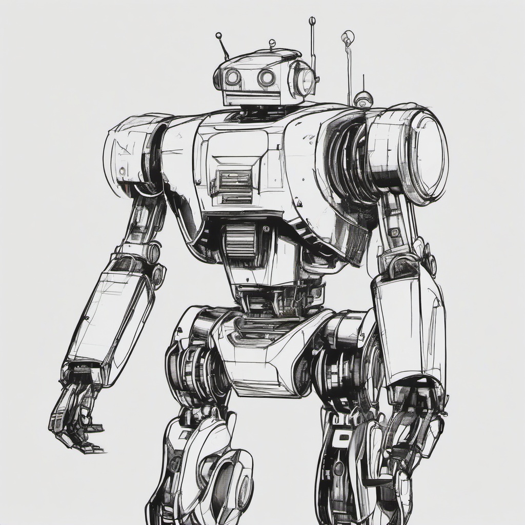 drawing of a robot in a comic  minimal rough sketch scribbles,doodles,black and white