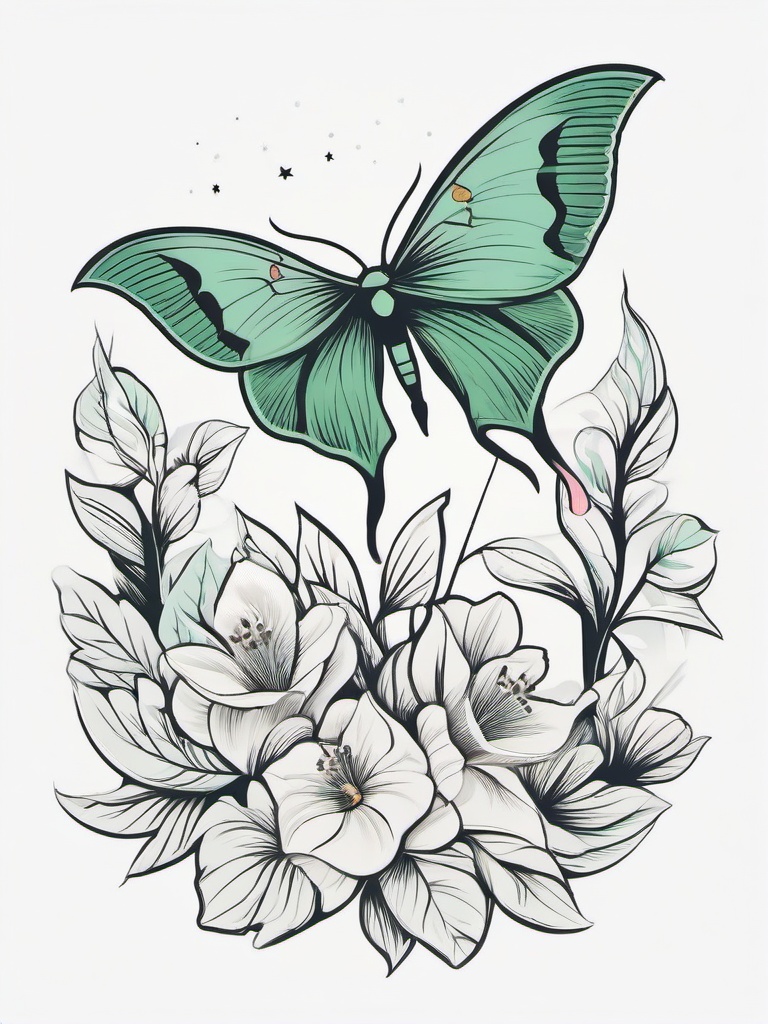 Luna Moth Tattoo Design - Discover creative and unique designs for Luna moth tattoos, each with its artistic interpretation.  simple vector color tattoo, minimal, white background