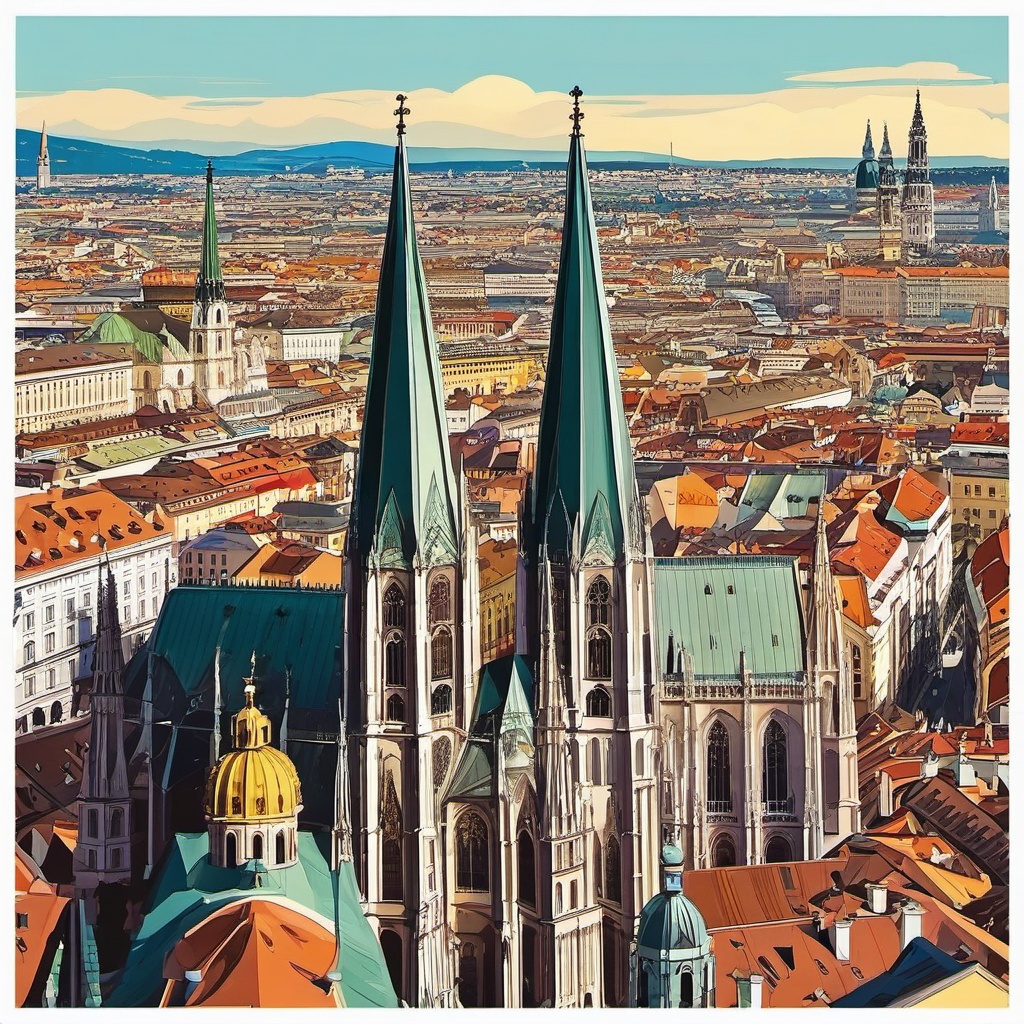 Vienna clipart - St. Stephen's Cathedral and Vienna cityscape,  color vector clipart