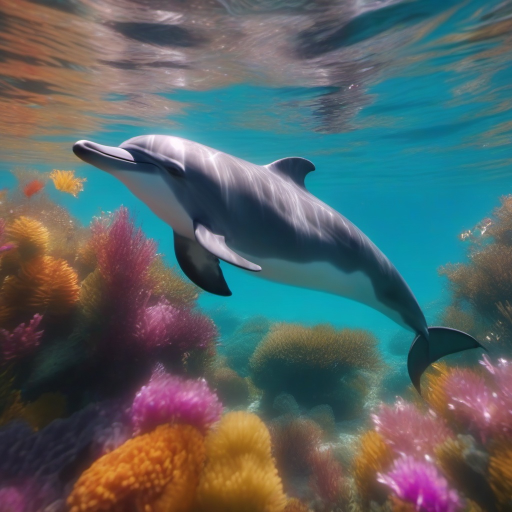 Cute Dolphin Playfully Swimming in a Crystal Cove 8k, cinematic, vivid colors