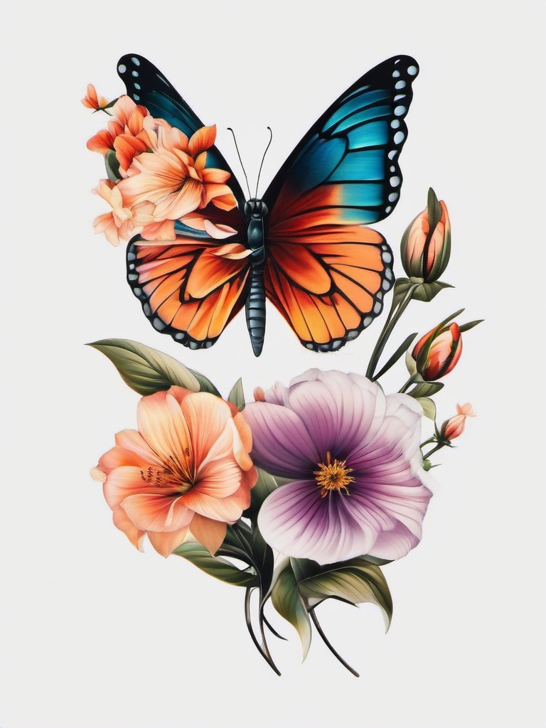 butterfly flower tattoo color  simple color tattoo, minimal, white background