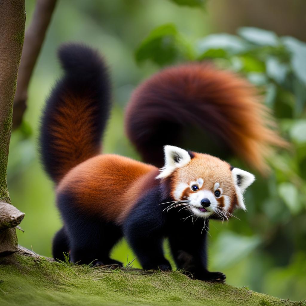 playful baby red panda chasing its own tail. 