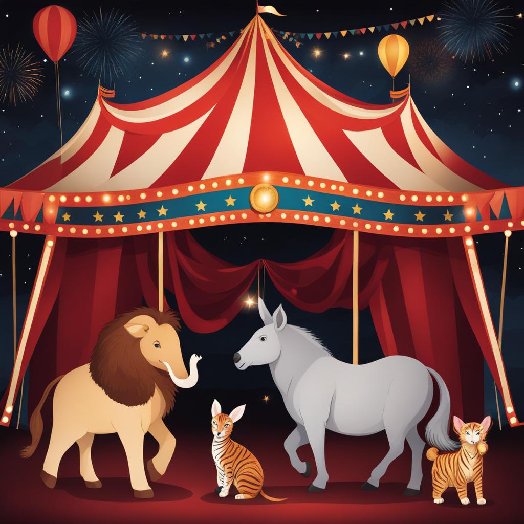 create a whimsical circus at night with performing animals under the big top. 