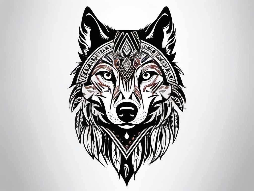 Indian Wolf Tattoo,tattoo inspired by indigenous cultures and featuring the majestic wolf. , tattoo design, white clean background