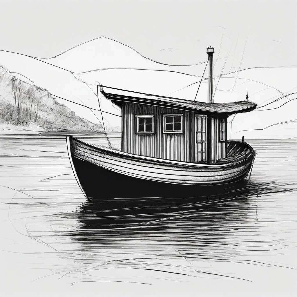 drawing of a boat with a cabin  minimal rough sketch scribbles,doodles,black and white