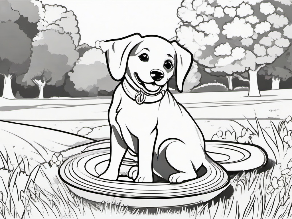 Summer Coloring Pages - Cute puppy playing with a colorful frisbee at the park  simple coloring pages