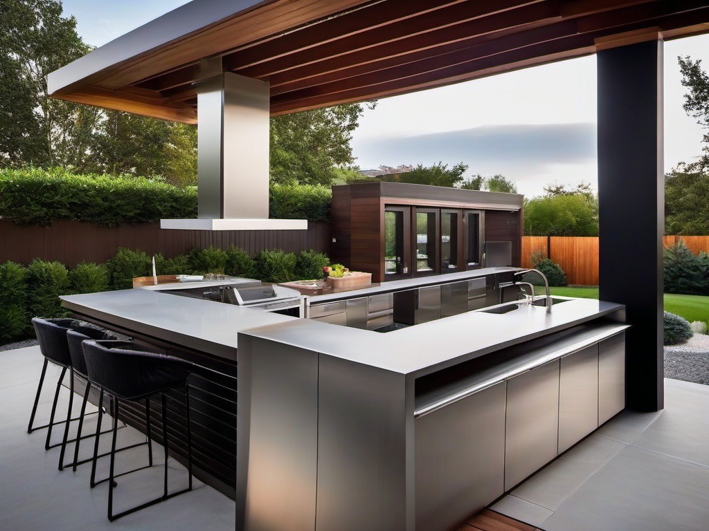 Modern outdoor kitchen features sleek stainless steel appliances, a large island for prep space, and minimalist decor for a clean and contemporary feel.  