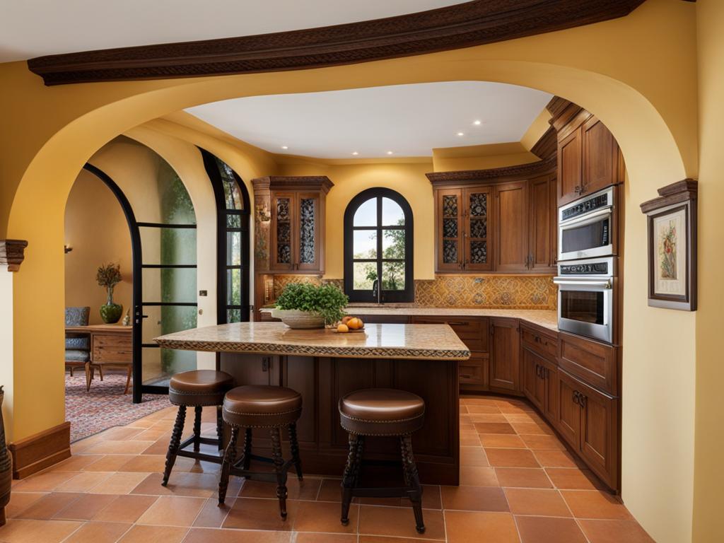 spanish-inspired kitchen with hand-painted tiles and arched doorways. 