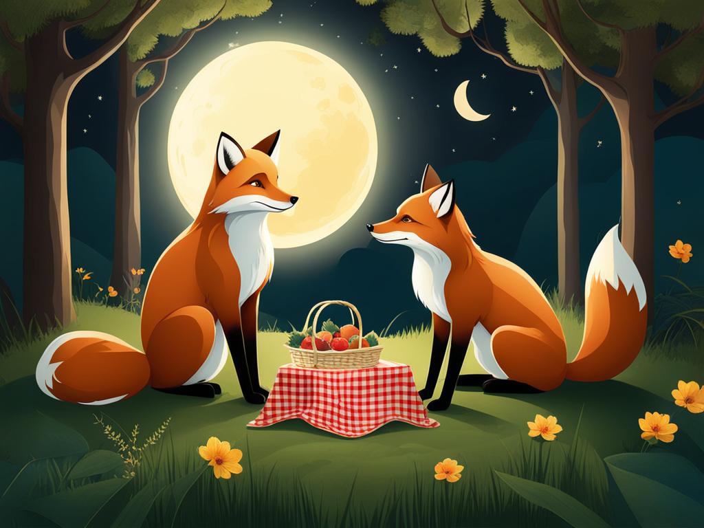 imagine a tranquil forest glade with a family of foxes enjoying a moonlit picnic. 