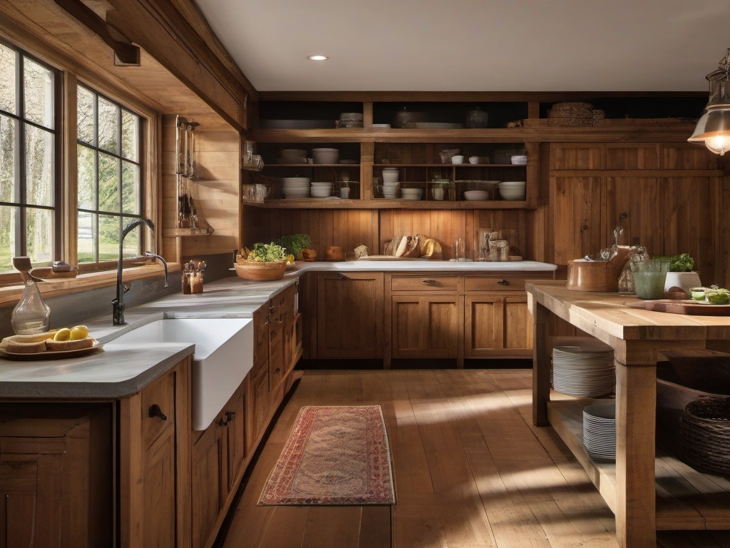 Rustic kitchen highlights wooden cabinetry, a farmhouse sink, and vintage decor, evoking a cozy and charming atmosphere for family meals.  