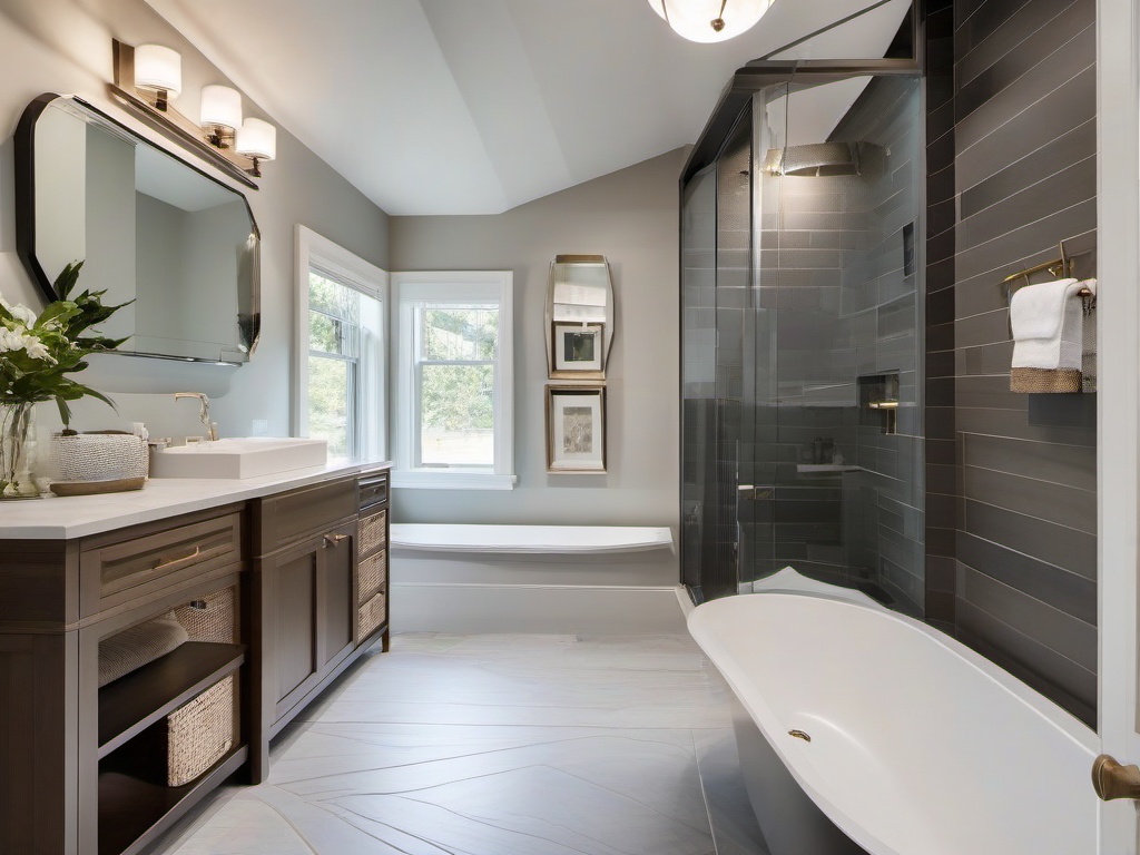 Transitional small bathroom blends modern and traditional elements with a neutral palette and practical layouts to make the most of limited space.  