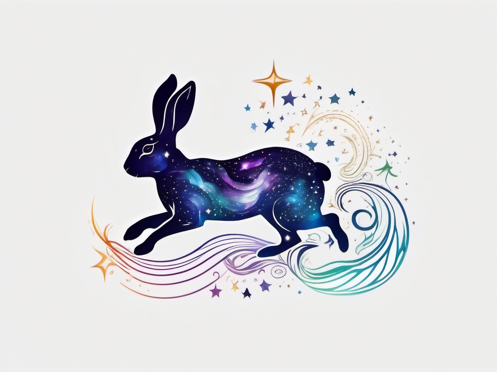 Abstract rabbit waves with stars tattoo. Mystical dance of the cosmos.  color tattoo, white background