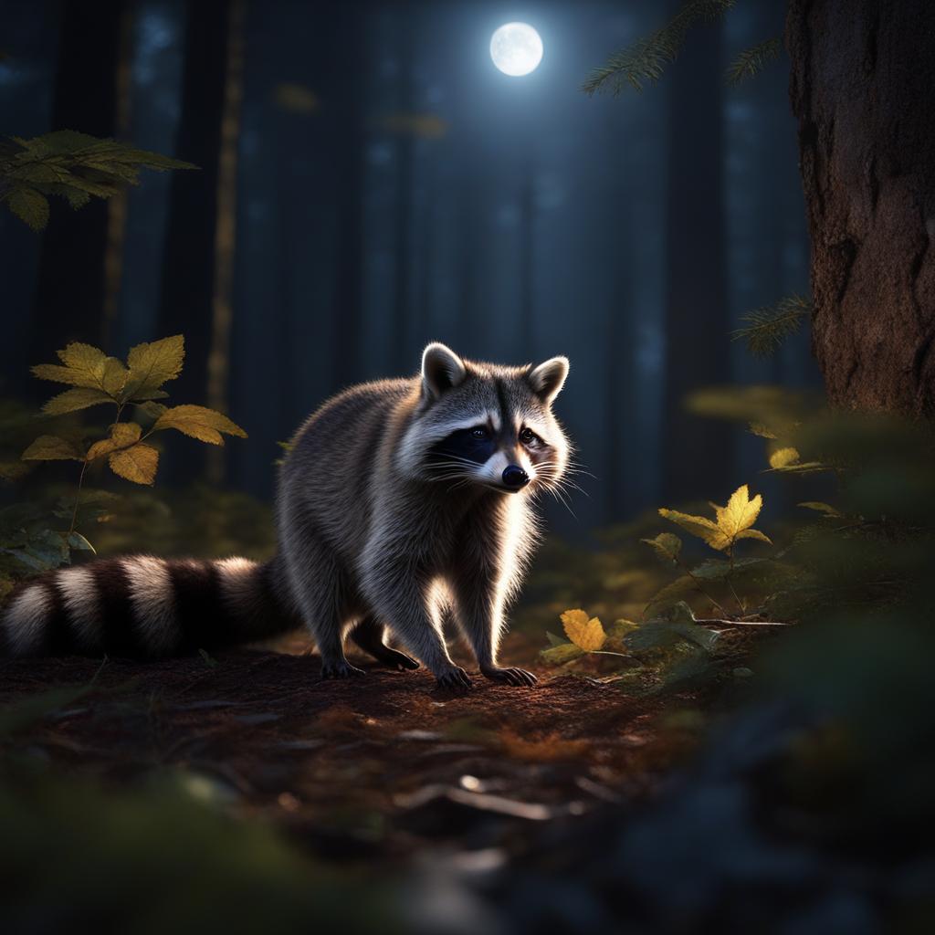 raccoon kit scavenging for snacks in a moonlit forest 8k ultrarealistic cinematic 