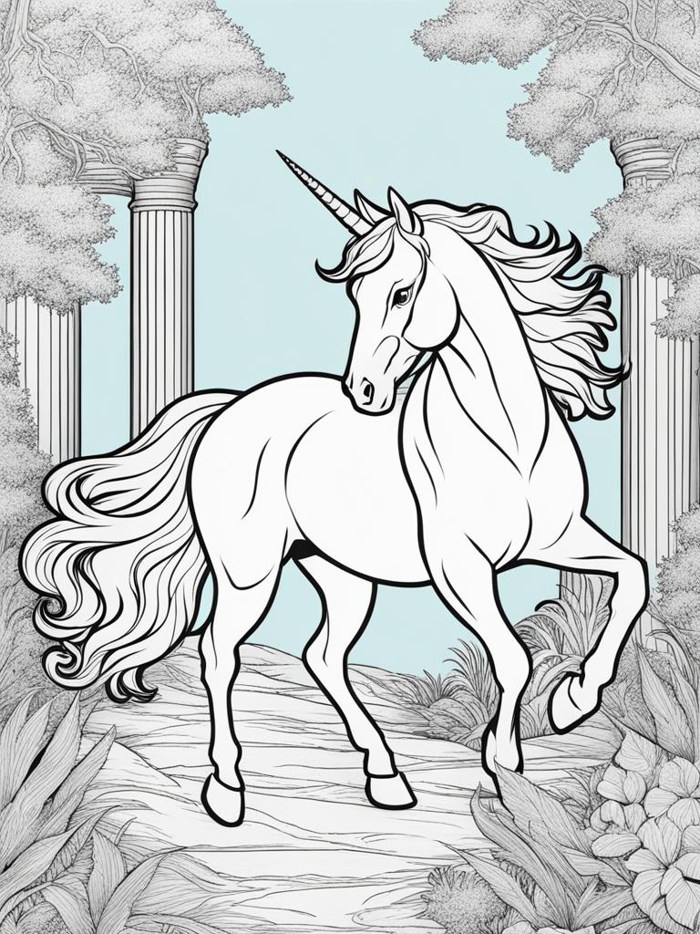 unicorn coloring pages - adventurous unicorn embarking on a quest to recover a lost artifact, its destiny intertwined with the prize. 