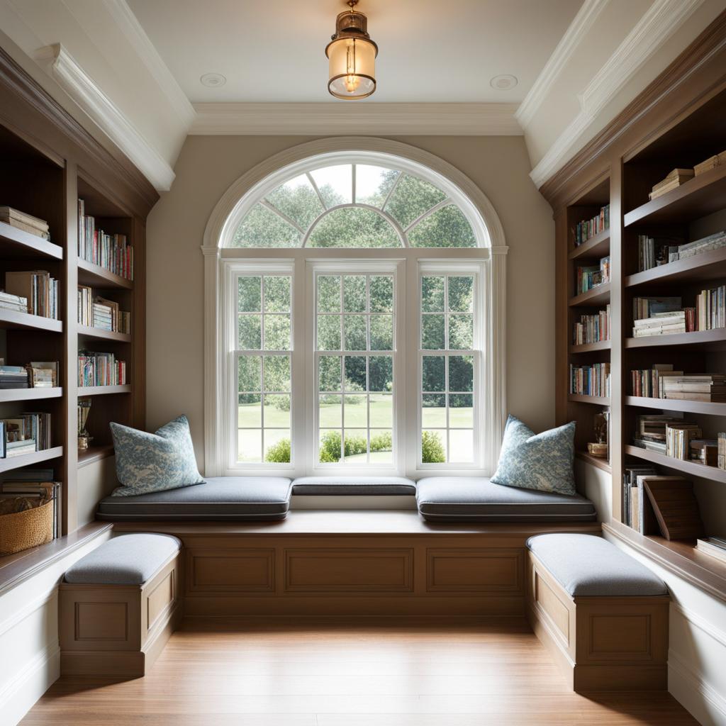 cozy reading nook with built-in bookshelves and a window seat. 