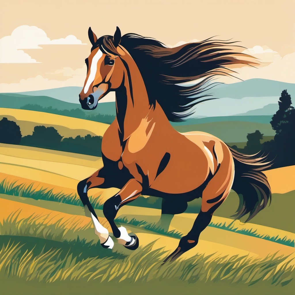 Horse Clip Art - Beautiful horse galloping in a field,  color vector clipart, minimal style