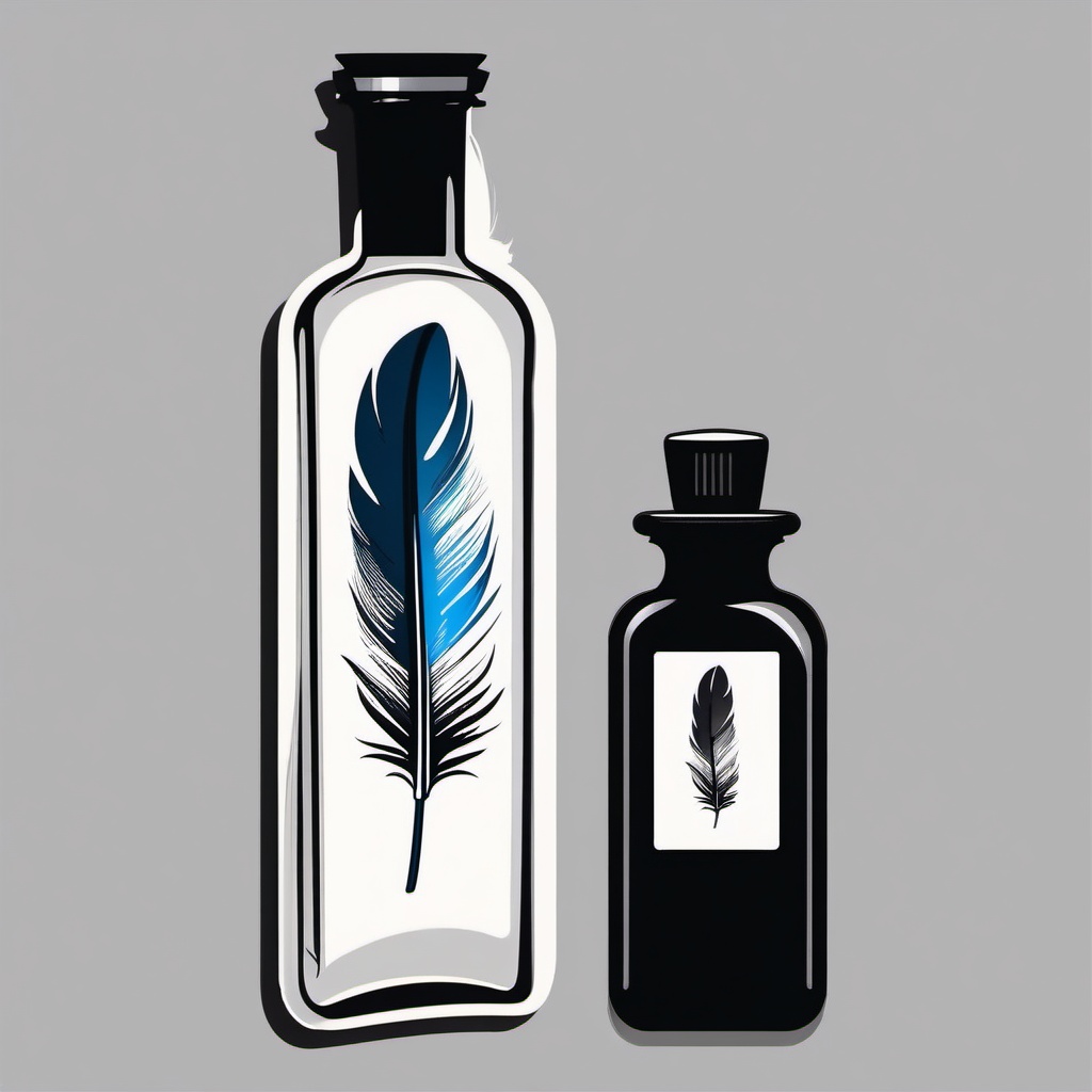 Feather and Ink Bottle Sticker - Quill feather next to an ink bottle, ,vector color sticker art,minimal