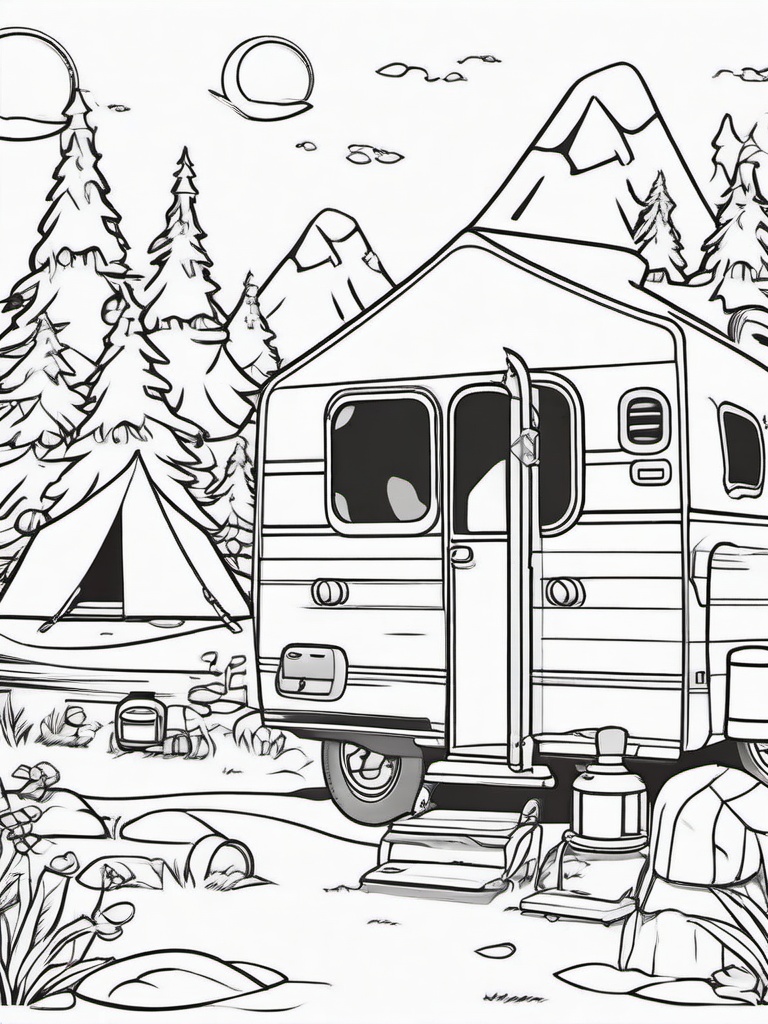 Kawaii Camping Coloring Pages - Fun Camping Trip with Happy Characters  minimal black outline printable sheet, coloring page