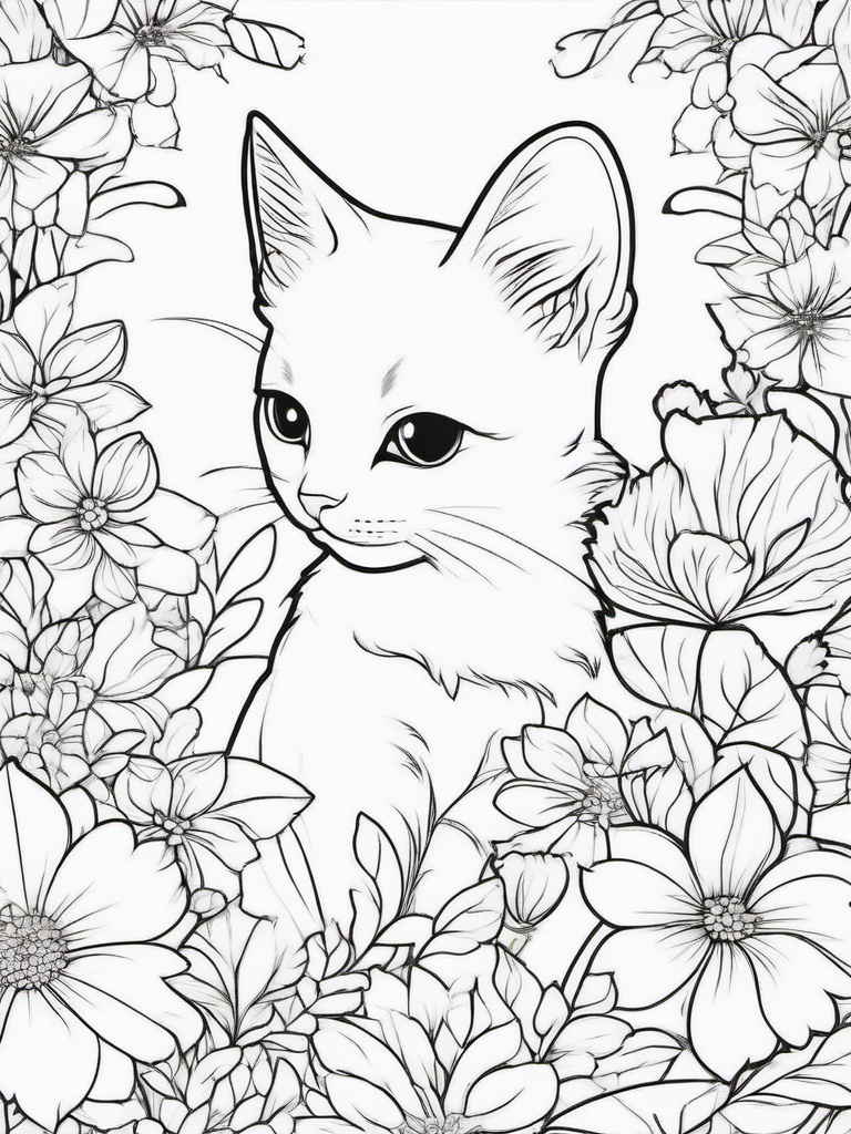 Kitty with Flowers and Bow Coloring Pages - Adorable Kitten in a Floral Scene  minimal black outline printable sheet, coloring page