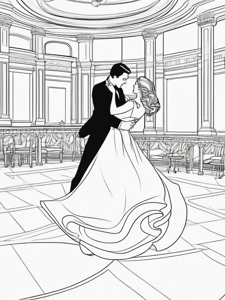 Ballroom Dance Princess Coloring Pages - Dancing in a Grand Ballroom  minimal black outline printable sheet, coloring page