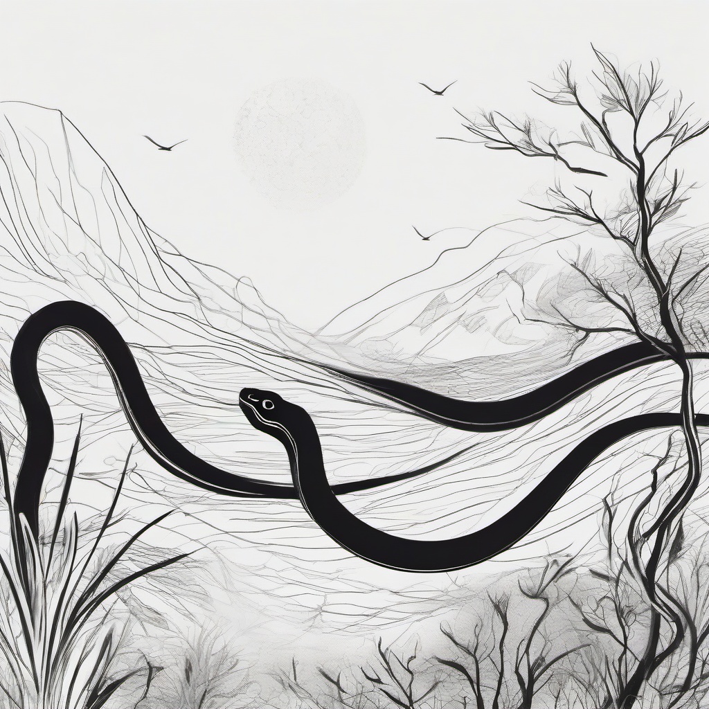 drawing of a snake in a mystical scene  minimal rough sketch scribbles,doodles,black and white