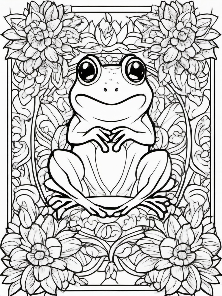 Frog Coloring Pages - Frog sitting on a throne made of flowers  simple coloring pages