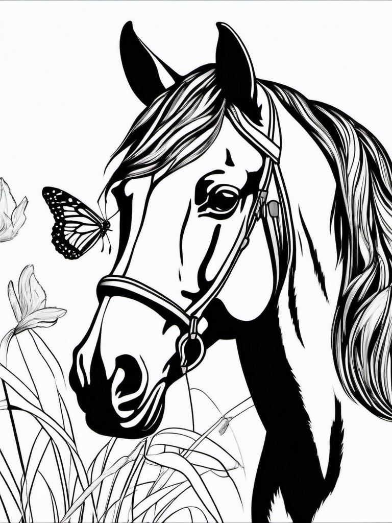 Horse and Butterfly Coloring Pages - Curious Horse Watching a Butterfly  minimal black outline printable sheet, coloring page