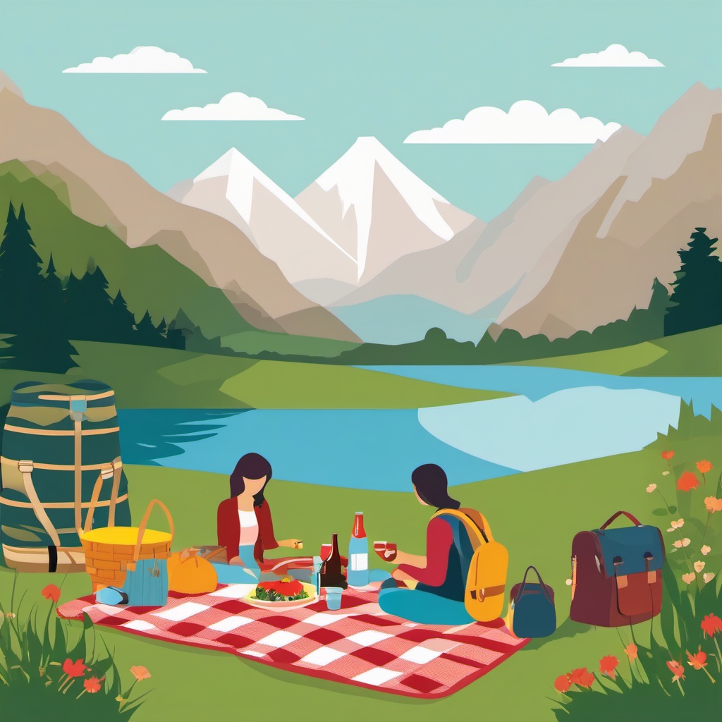 Mountain Picnic by Lake clipart - Picnicking by a mountain lake, ,vector color clipart,minimal