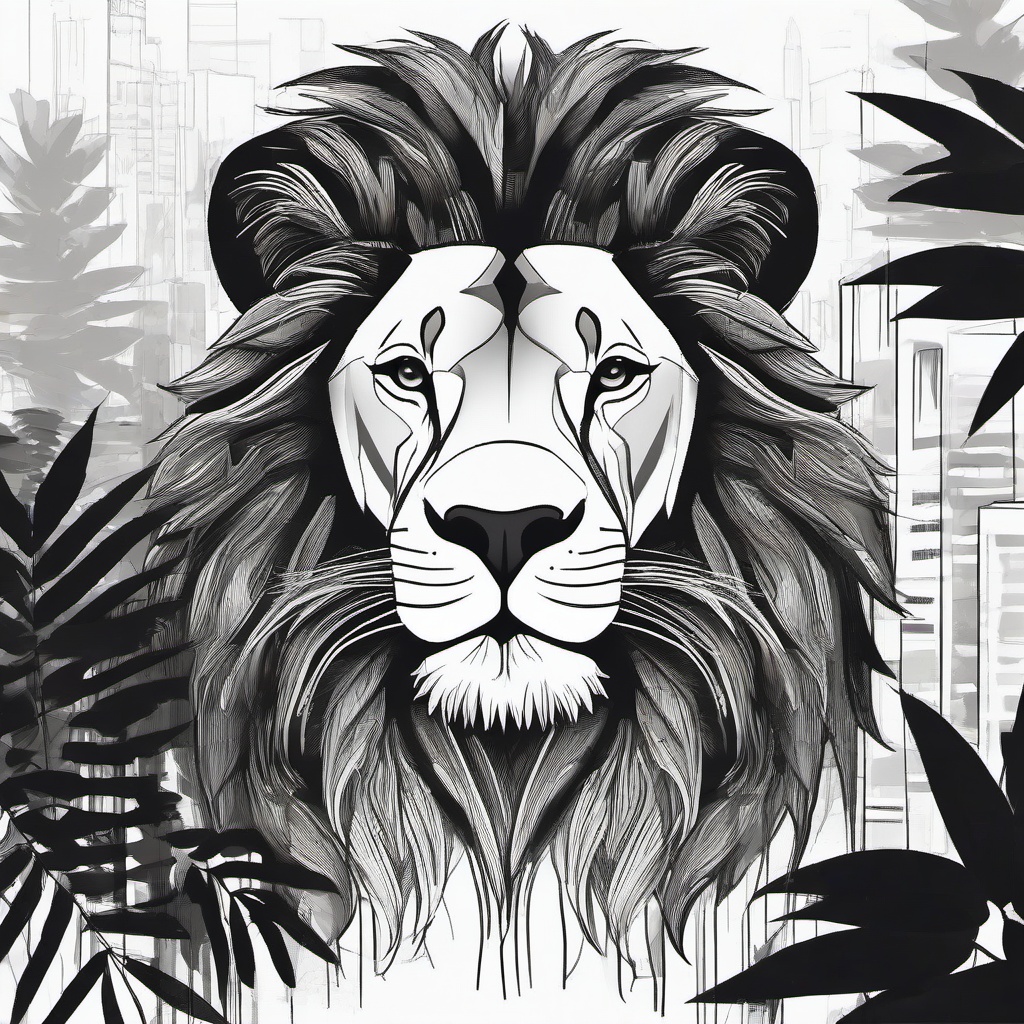 drawing of a lion in urban jungle  minimal rough sketch scribbles,doodles,black and white