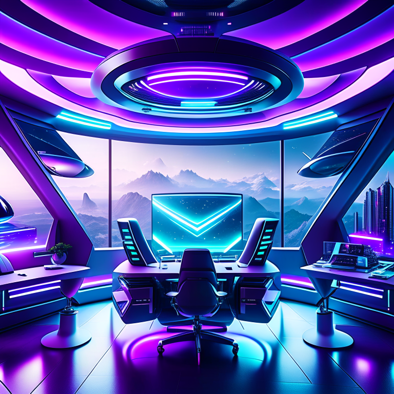 alien spaceship office with futuristic technology and holographic displays. 