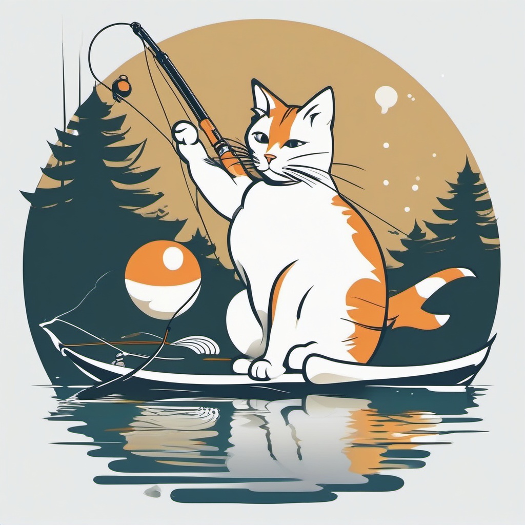 Cat trying to catch a fish with a fishing rod  minimalist color design, white background, t shirt vector art