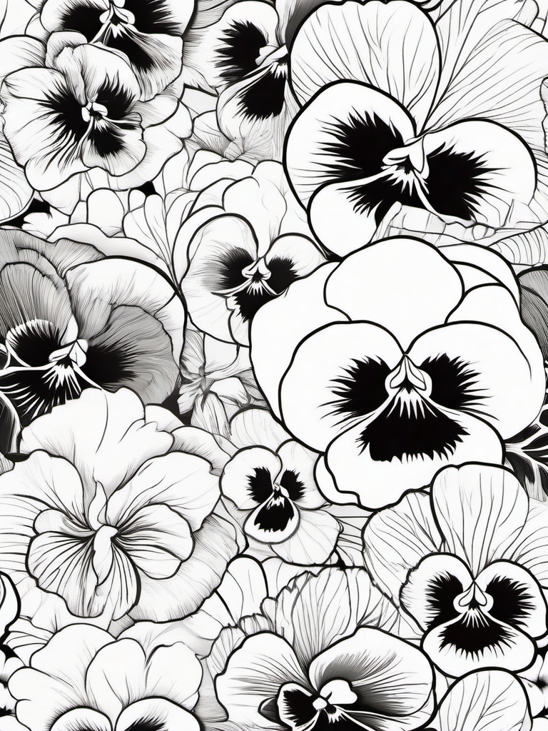 Floral Pansies - Cheerful faces in a variety of colors.  outling,coloring pages,black and white