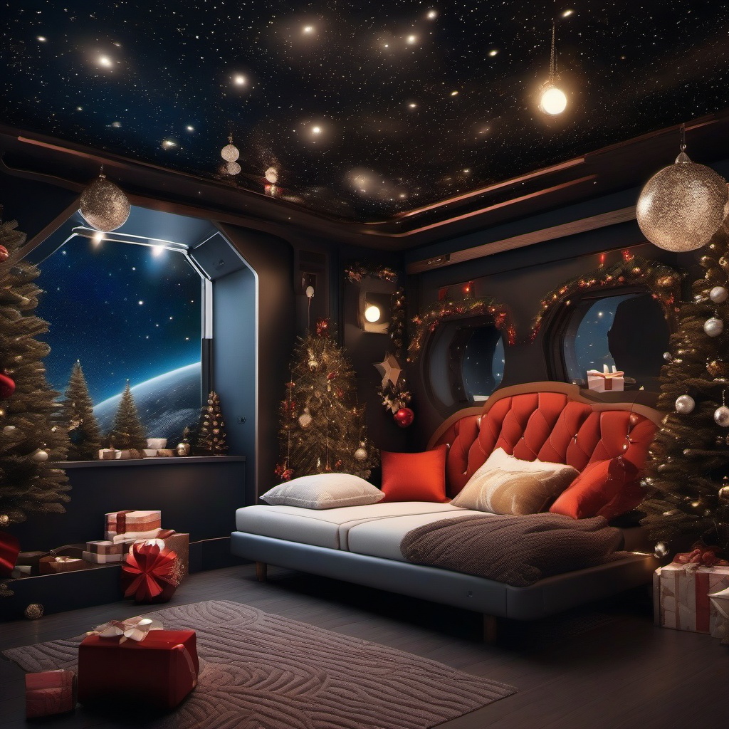 Cozy Space Cabin in an Asteroid Belt Christmas Space Wallpaper intricate details, patterns, wallpaper photo