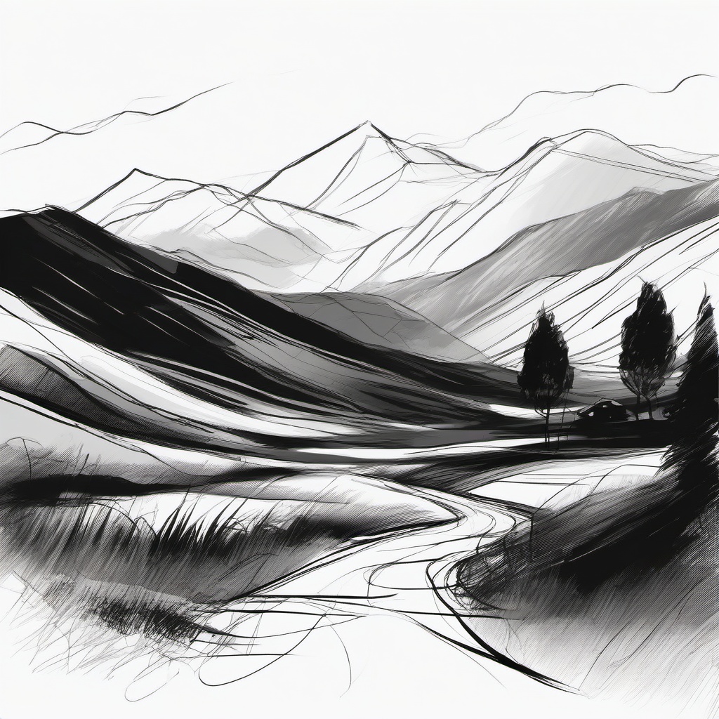 simple drawing of landscape  minimal rough sketch scribbles,doodles,black and white